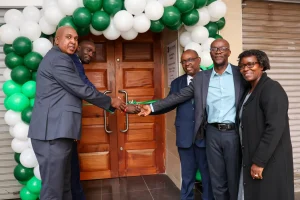 L–R: Kingdom Bank Head of Business, Alex Kasiki; Tom Mboya Branch Manager, Collins Wafula; Managing Director & CEO, Anthony Mburu together with Pastor Hudson Mukunza and Grace Mukunza, during the opening of Kingdom Bank’s 26th branch along Tom Mboya Street, Nairobi.