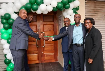 Kingdom Bank Head of Business, Alex Kasiki; Tom Mboya Branch Manager, Collins Wafula; Managing Director & CEO, Anthony Mburu together with Pastor Hudson Mukunza and Grace Mukunza, during the opening of Kingdom Bank’s 26th branch along Tom Mboya Street, Nairobi.