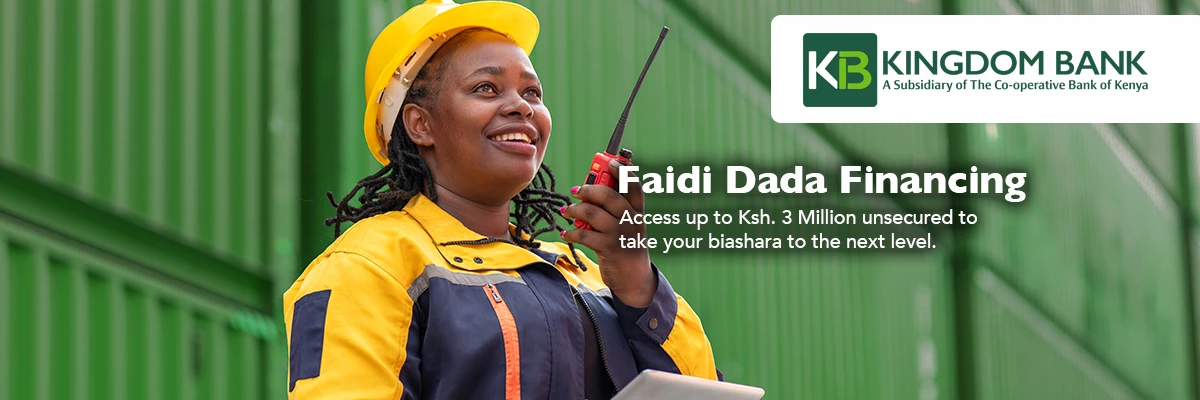 Construction worker in a yellow helmet and jacket smiles while talking on a walkie-talkie with a clipboard against a green industrial backdrop and bank branding: Faidi Dada Financing promo.